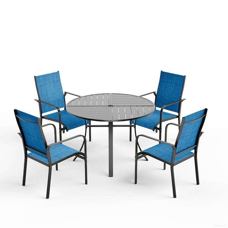 5/7/9-Piece Outdoor Patio Dining Set with Stackable Textilene Chairs and Slatted Table, Furniture with Adjustable Umbrella Hole