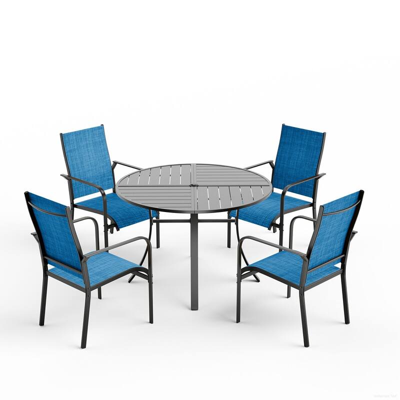 Patio Dining Set, Outdoor Dining Table and Chairs Set with Textilene Chairs, Adjustable Umbrella Hole for Garden, Backyard