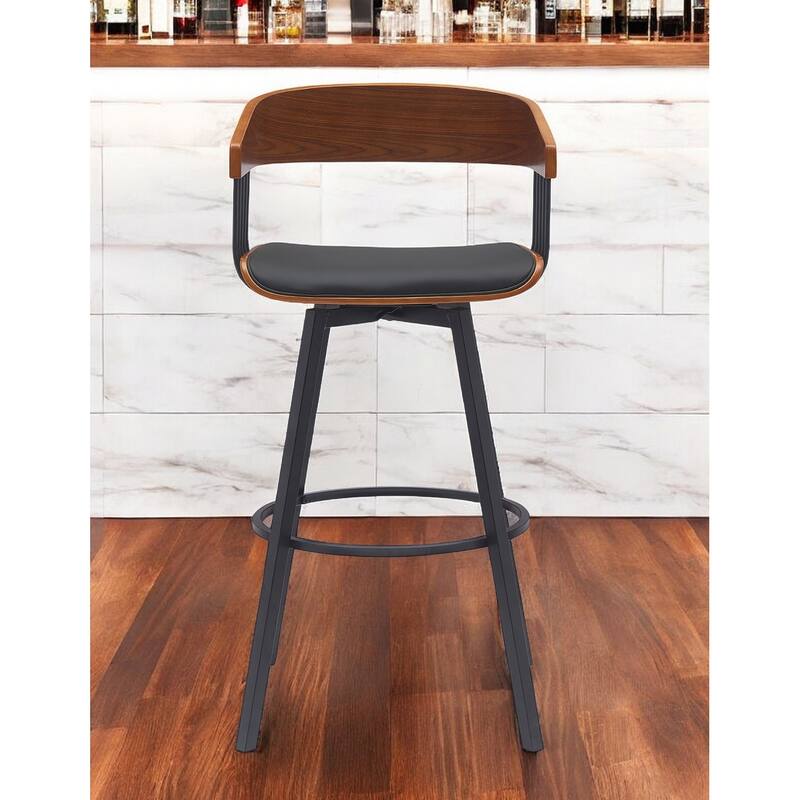 31" Black Faux Leather And Metal Swivel Bar Height Bar Chair - Black