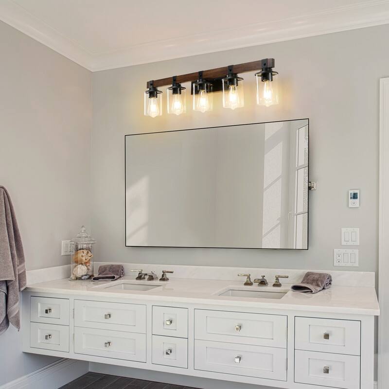 Vanity Light, Industrial Bathroom Wall Sconce with Glass Shades and Wood Accent, Modern Farmhouse Lighting Fixture (No Bulbs)