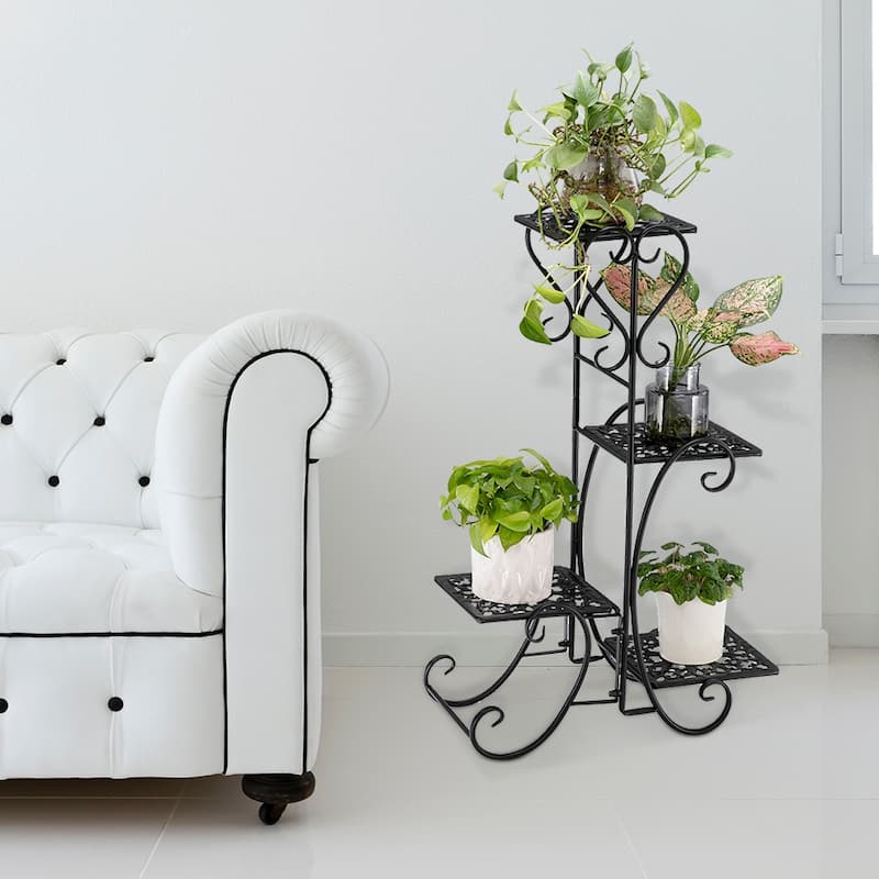 4 Potted Rounded/Square Flower Metal Shelves Plant Pot Stand for Indoor Outdoor
