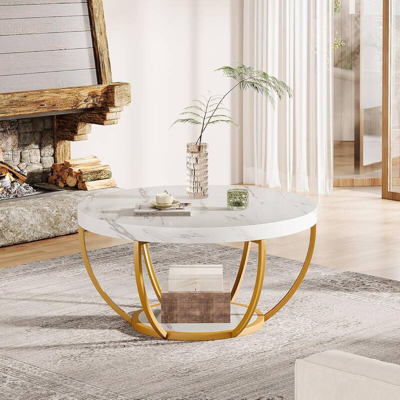Modern Round Coffee Table, 31.7" 2 Tier Coffee Table with Faux White Marble and Golden Metal Legs, Circle Center Table