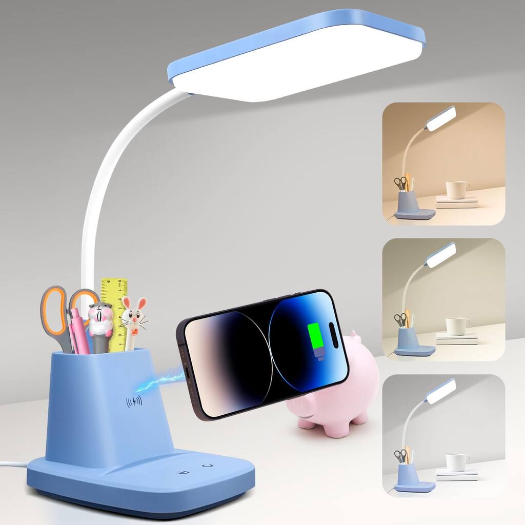 Small Desk Lamp, Kids Desk Lamp , Wireless Charger LED Desk Lamps , 800LM Gooseneck 3 Modes Dimmable Touch Cute Desk Lamp