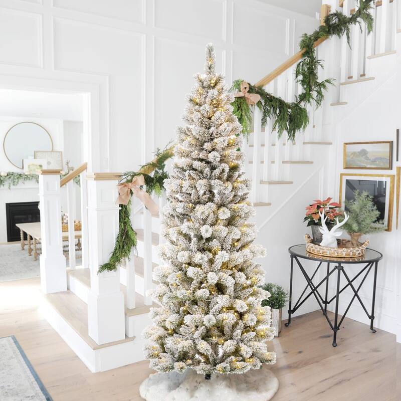 Glitzhome 6FT/7.5FT/9FT Warm White or Multi-Colored Pre-Lit Flocked Pine Artificial Christmas Tree - 7.5ft Pencil Pine with 300 Multi-color LEDs