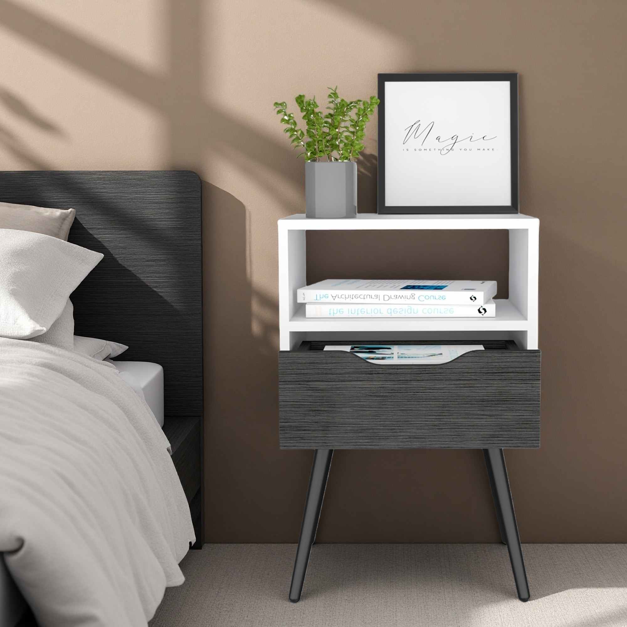 15.75"L Modern Durable Nightstand with One Drawer and Open Shelf, Four-Leg Bedside Table
