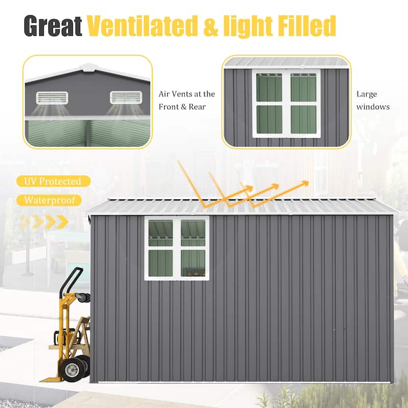 10x12 Ft Outdoor Storage Shed, Extra Large Metal Shed with Lockable Doors, Windows, Outside Steel Tiny House Ideal