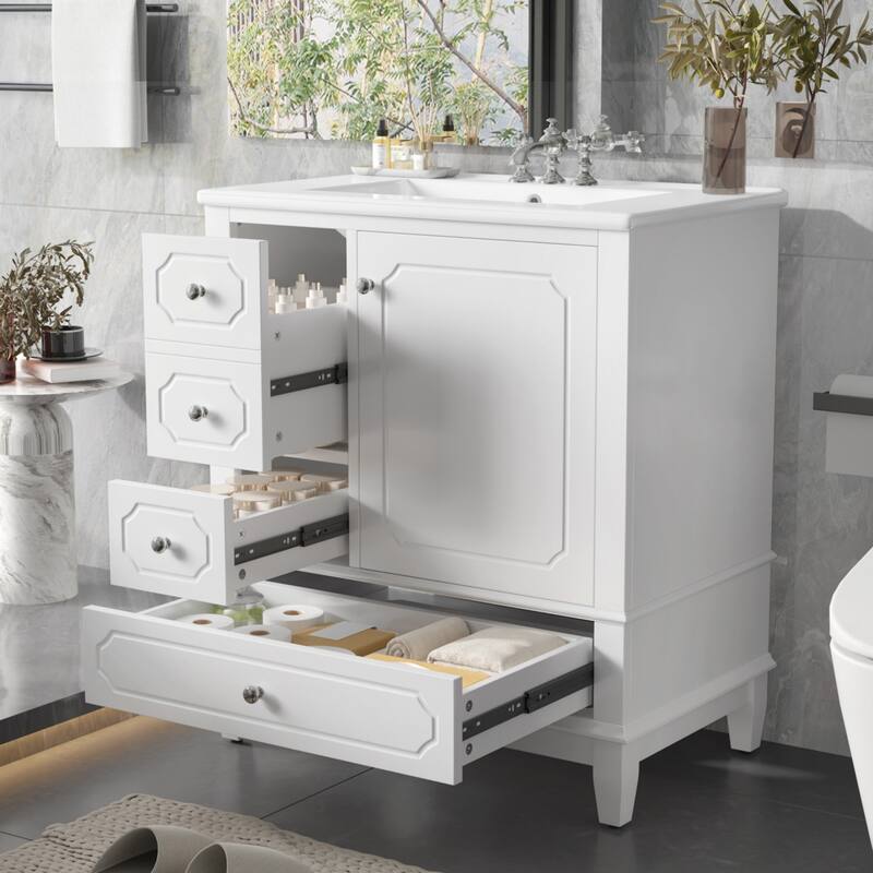30 " Bathroom Vanity with Sink, Drawers, and Storage Shelves