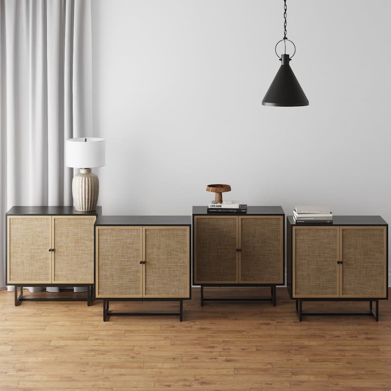 Nathan James Kova Natural Cane Rattan Doors Accent Cabinet with Metal Base and Adjustable Shelf - Black - Set of 4