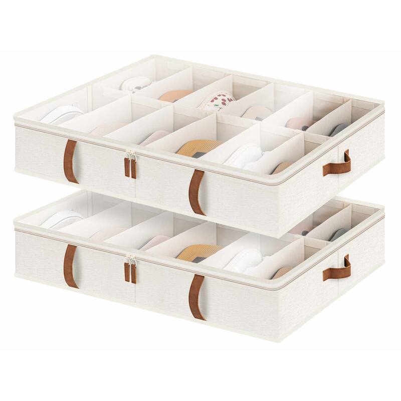 2-Pack Underbed Shoe Storage Organizer with Adjustable Dividers, 24 Pairs Fabric Shoe Storage Box - 30" W x 24.5" D x 5.25" H - Beige
