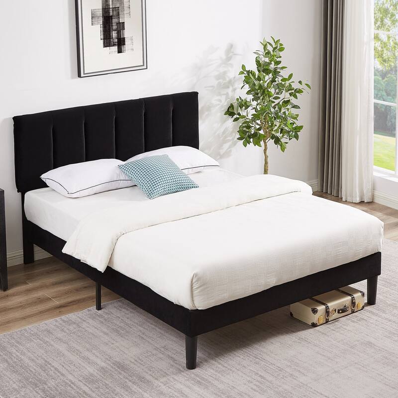 Upholstered Velvet Upholstered Bed Frame with Adjustable Height Headboard No Box Spring Needed Platform Bed Under Bed Storage