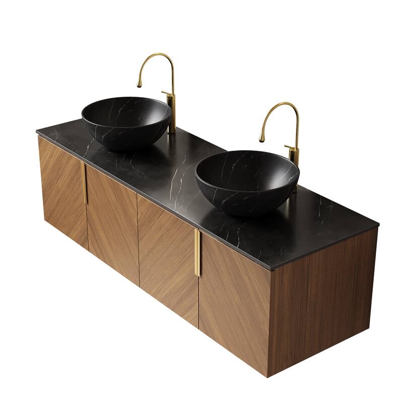GDFStudio - Arai Modern 60" Floating Bathroom Vanity with Black Sintered Stone Countertop, Dual Ceramic Basin & 4 Doors