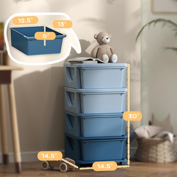 dimension image slide 2 of 3, Qaba 4 Tier Kids Storage Unit, 4 Drawer Chest Toy Organizer Plastic Bins for Kids Bedroom Nursery Kindergarten Living Room