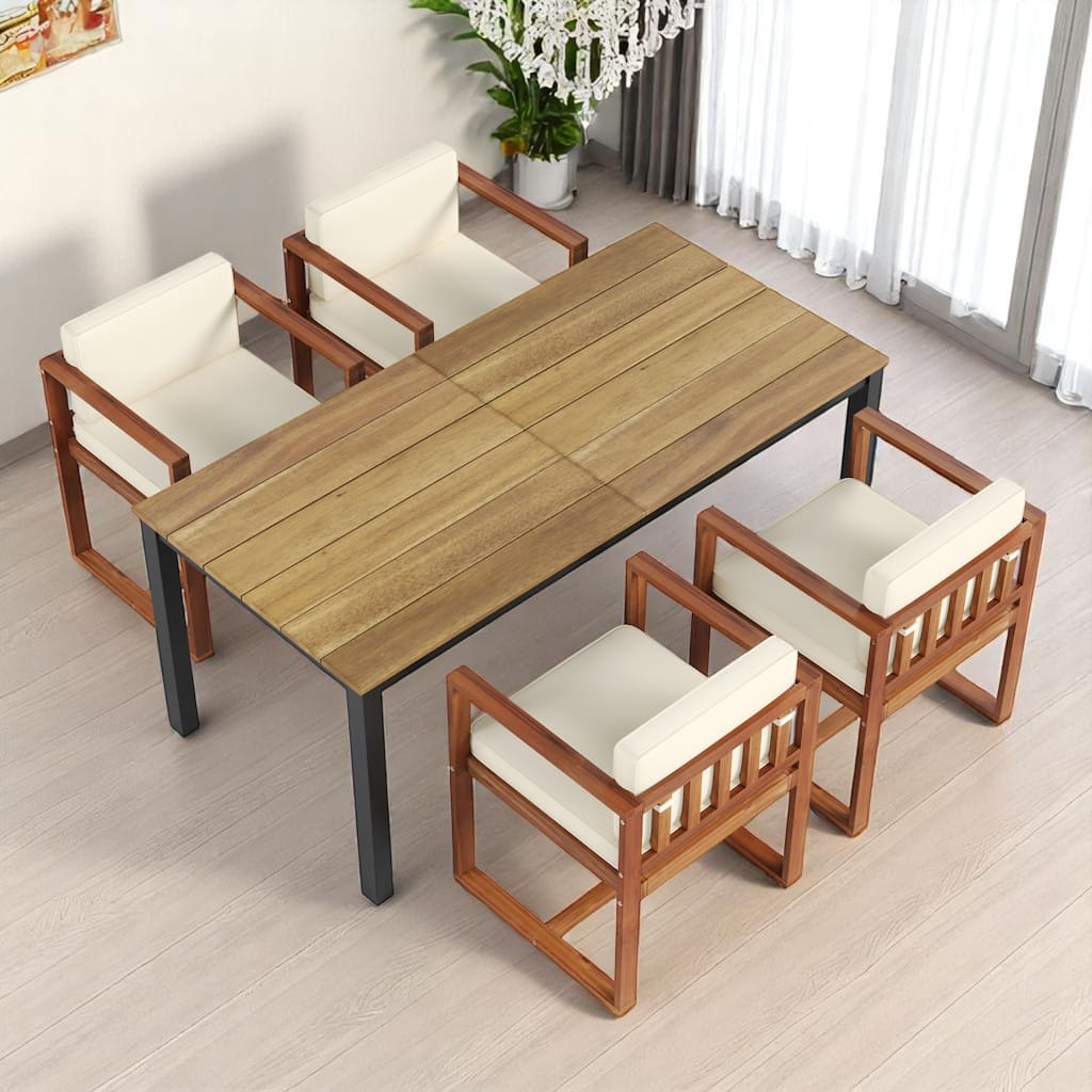 5-Piece Dining Table Set, Solid Acacia Wood Table with Iron Legs and 4 Matching Dining Chairs for Kitchen or Dining Room