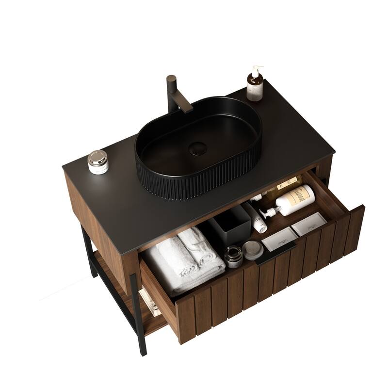 High Quality Bathroom Vanity Cabinets with Oval Basin Open Shelves