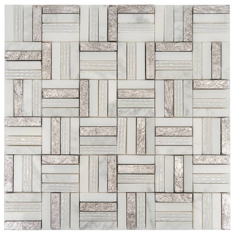 Artisana 12x12 in. Silver White Textured, Foiled Stone Block Basketweave Mosaic Wall and Floor Tile (4.83 sq ft/case, 5-Pack)