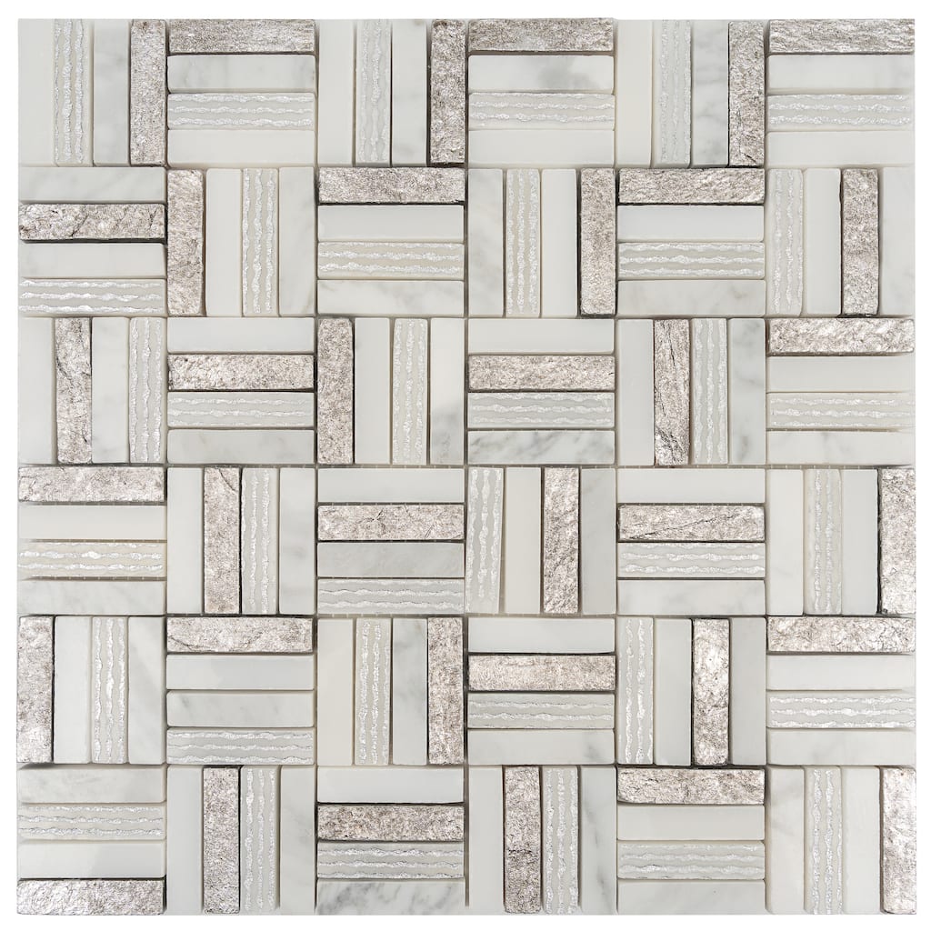 Artisana 12x12 in. Silver White Textured, Foiled Stone Block Basketweave Mosaic Wall and Floor Tile (4.83 sq ft/case, 5-Pack)