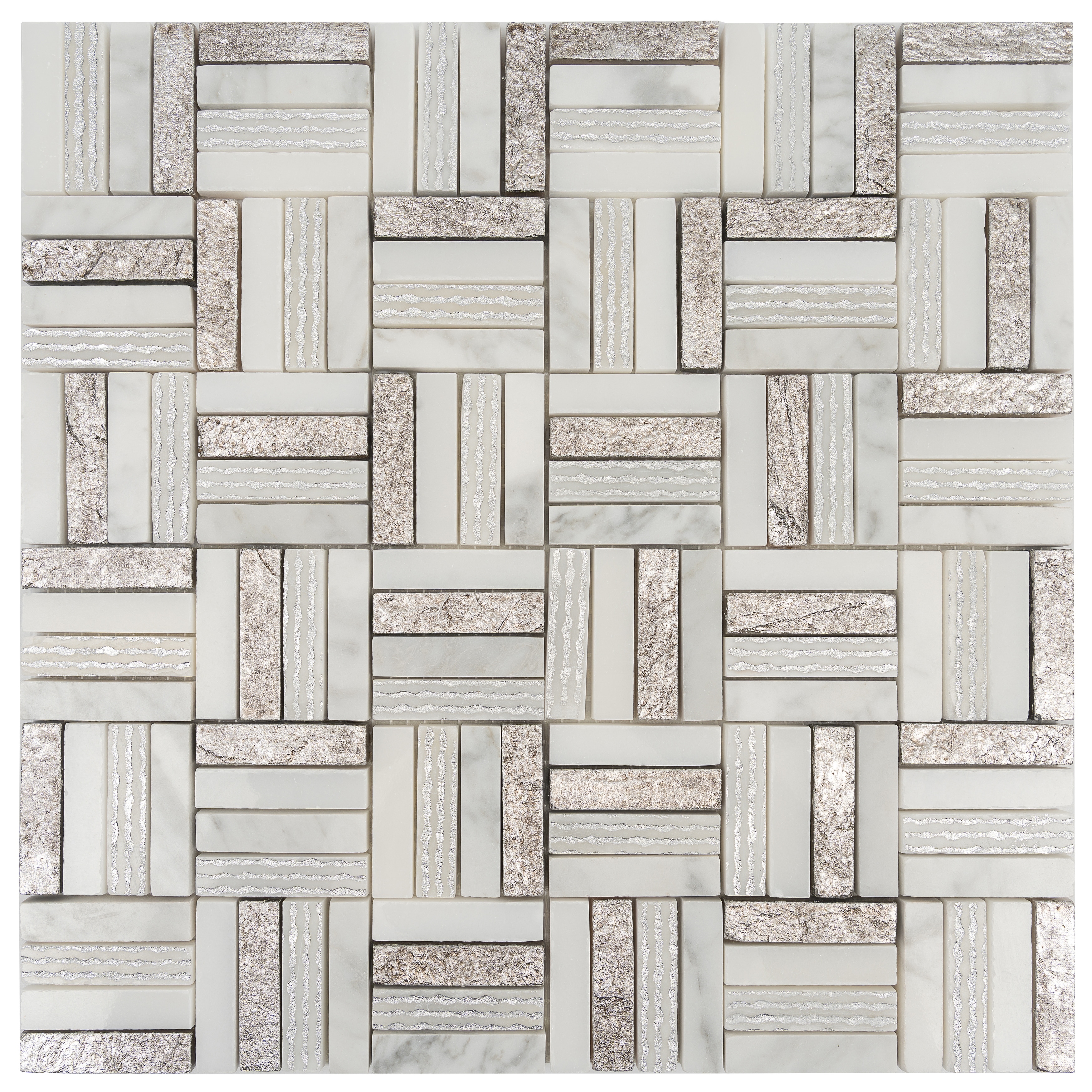 Artisana 12x12 in. Silver White Textured, Foiled Stone Block Basketweave Mosaic Wall and Floor Tile (4.83 sq ft/case, 5-Pack)