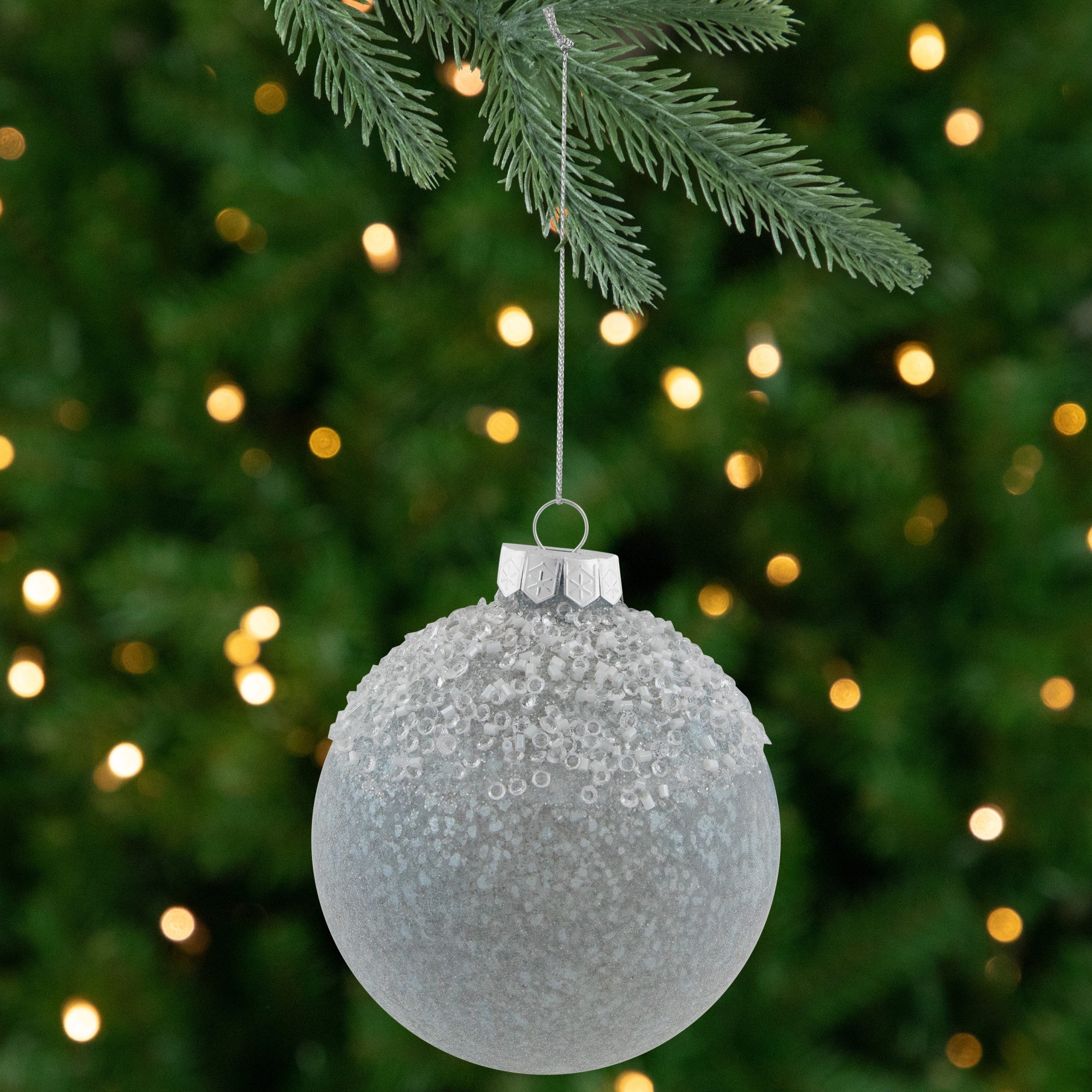 4" Silver and White Beaded Glass Christmas Ornament