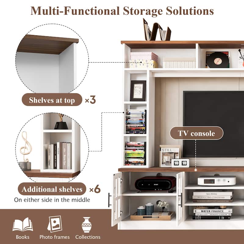 95.5" Wall Unit Entertainment Center TV Stand with Bookshelves, Storage Cabinets and Glass Doors for 80 Inch TV
