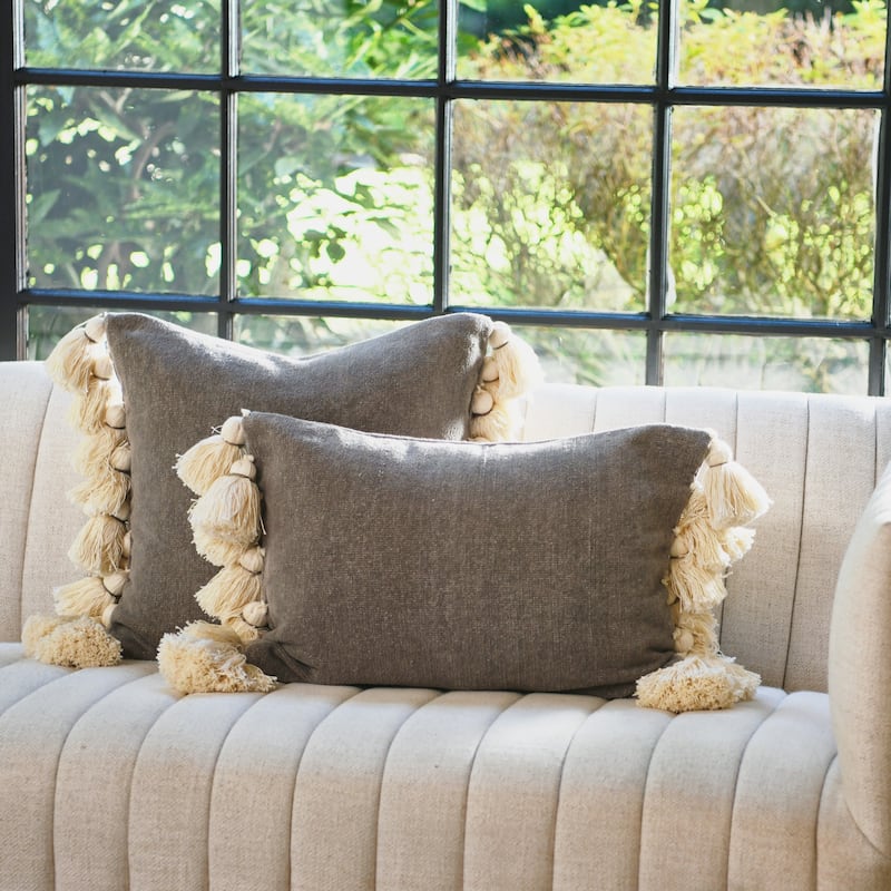 Cotton Chenille Lumbar Pillow with Tassels - G2 - 20"L x 14" W - Grey II