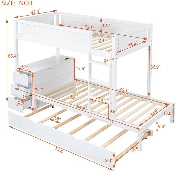 Twin Over Twin Bunk Bed with Trundle, USB Ports, Storage, and Desk