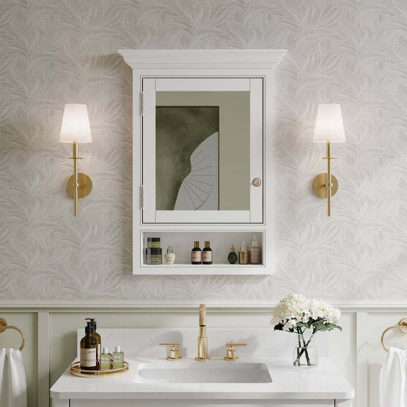 24"W x 32"H Recessed Wall-Mounted Solid Wood Medicine Cabinet with Adjustable Glass Shelves and Bottom Storage Shelf