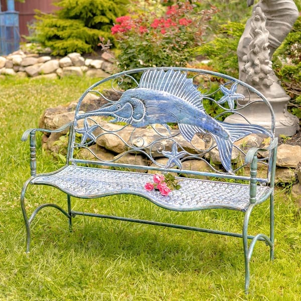 slide 2 of 5, Coastal Swordfish Bench with Curved Seat - 50.39x19.29x39.37