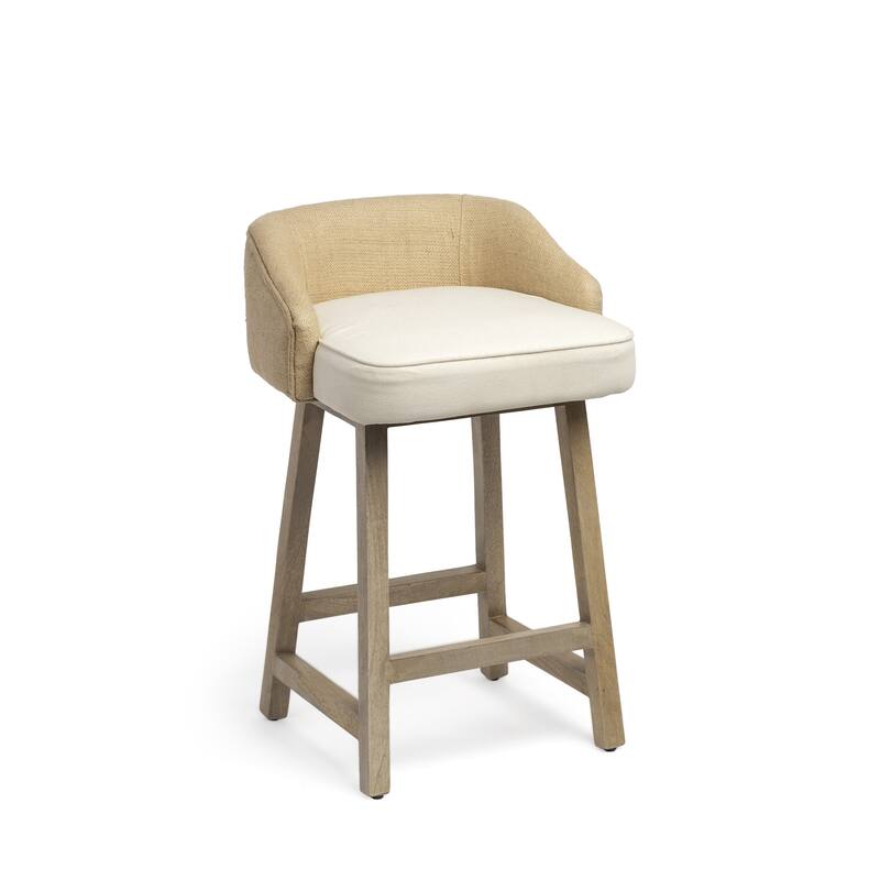 HomeRoots 24" Beige and Natural Solid Wood Fabric And Jute Low Back Counter Height Bar Chair