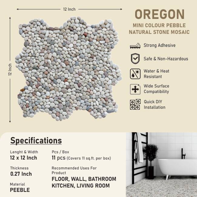 Mix Colour Mini Pebble Mosaic Backsplash Tiles for Kitchen Walls, Shower Bathroom Floors 12" X 12" (11 Sqft per case)