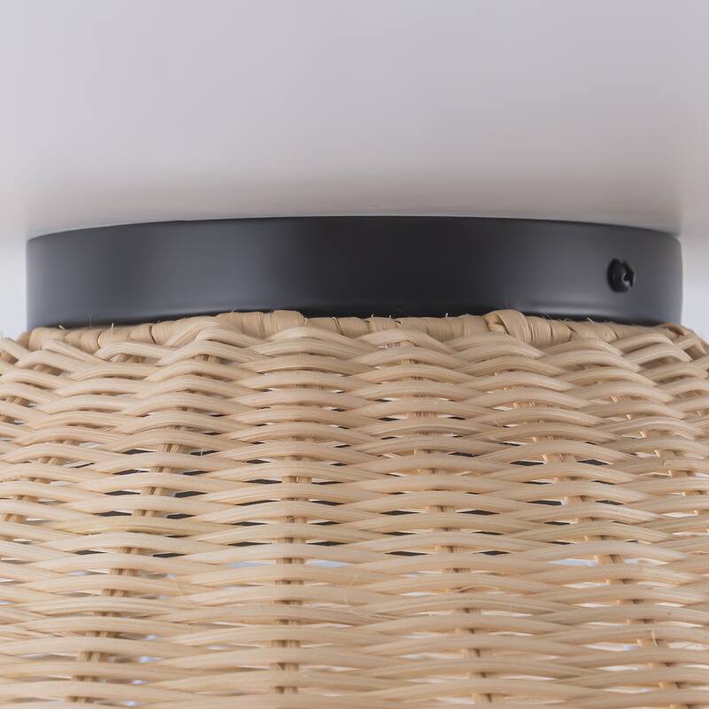 Modern Farmhouse Woven Rattan Umbrella Cone-Shaped Flush Mount Integrated LED Ceiling Light - Beige - 13.4"W x 4.5"H