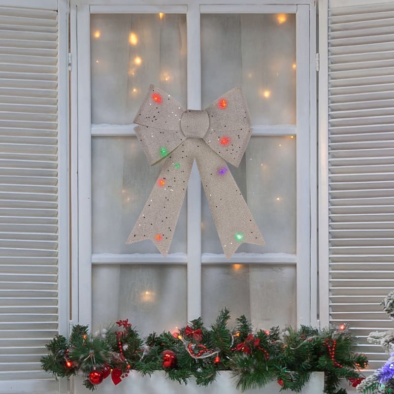 16" LED Lighted Glitter Burlap Bow Christmas Decoration with Color Changing Lights