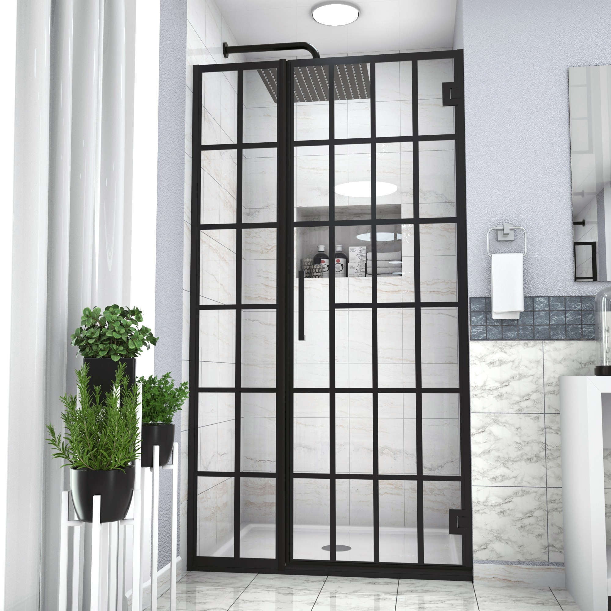 Pivot Framed Shower Door with Tempered Glass in Matte Black