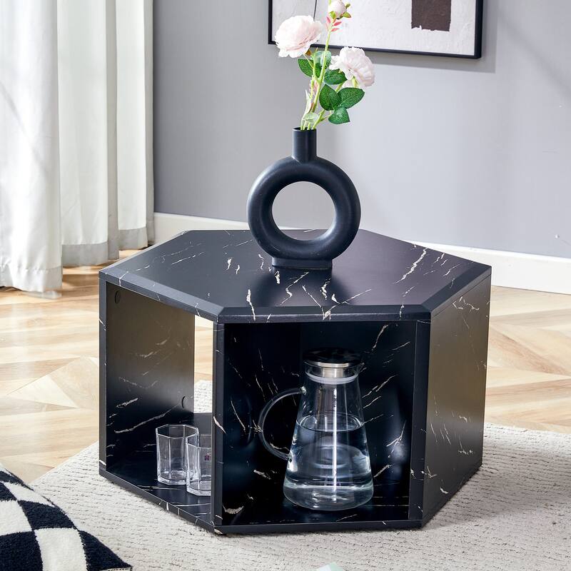 Roomfitters Hexagonal Coffee Table with Patterned MDF Finish, Modern Multi-Use Storage Table for Living Room - Black Marble