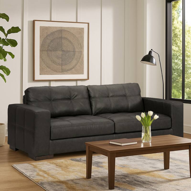 Lenie Sofa, Block Stitched Dark Gray Real and Faux Leather 96 Inch