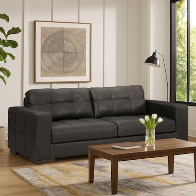 Lenie Sofa, Block Stitched Dark Gray Real and Faux Leather 96 Inch