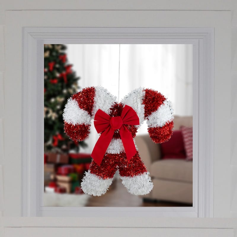 Tinsel Candy Cane Christmas Window Decoration - 19" - Red and White - Unlit
