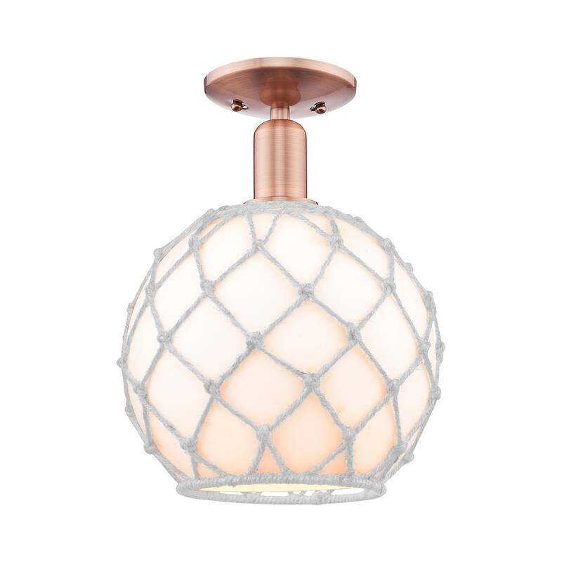 Innovations Lighting 716-1C-14-10 Farmhouse Rope Semi-Flush Farmhouse - Antique Copper / White Glass with White Rope