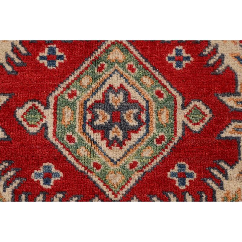 Geometric Red Kazak Foyer Rug Hand-Knotted Wool Carpet - 2'10" x 4'3"