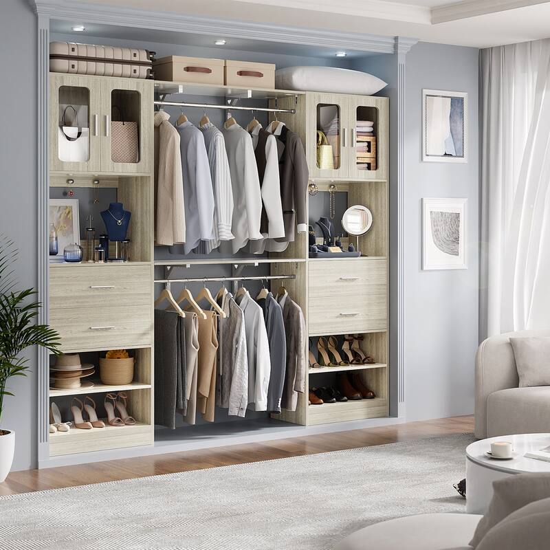 Rackcog Closet System with Doors and Drawers, Storage Organizer with DIY Shelving for Walk-in Closet - Set of 2 - Washed Oak