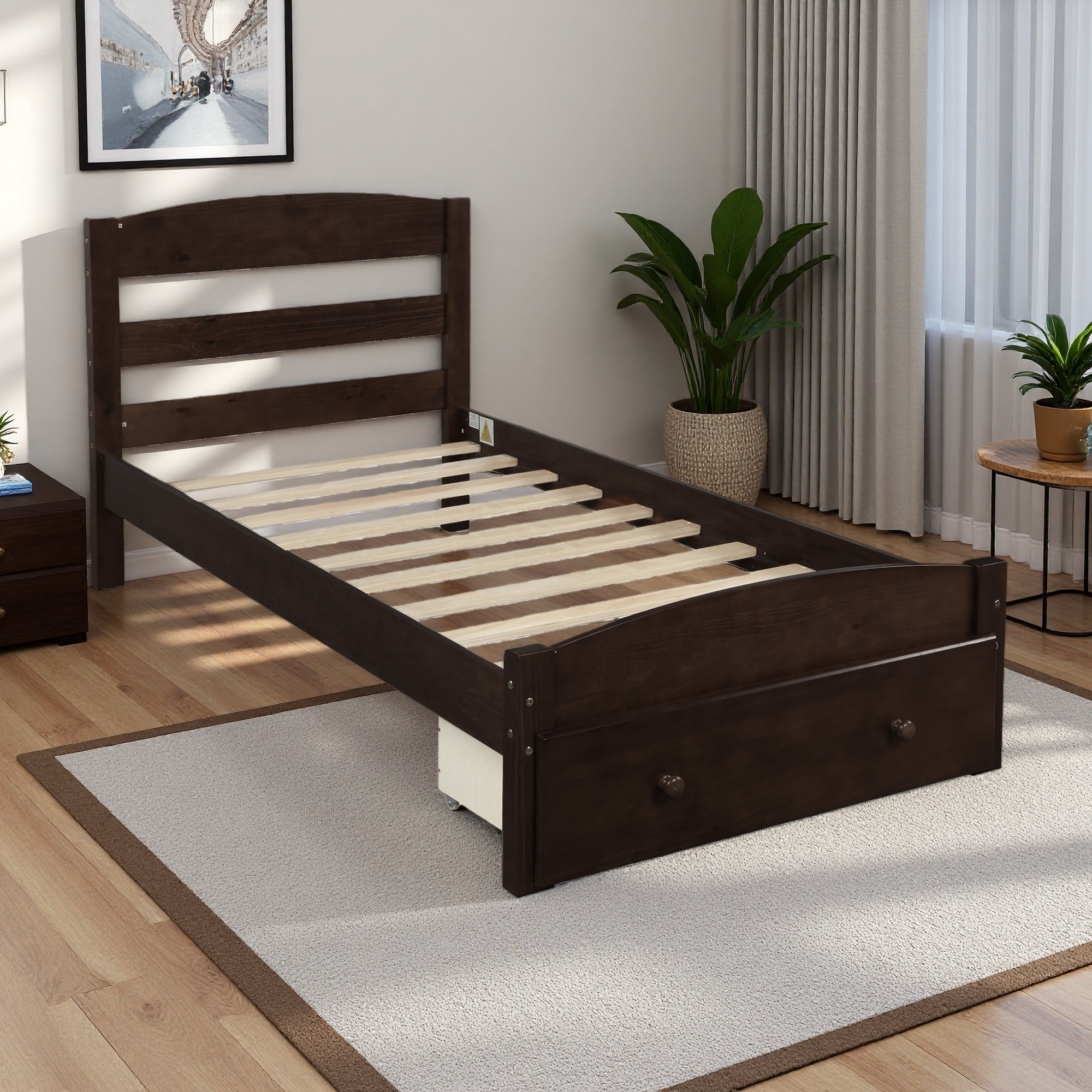 Twin Size Platform Bed Frame with Storage Drawer, Solid Wood, Slat Support, No Box Spring Needed