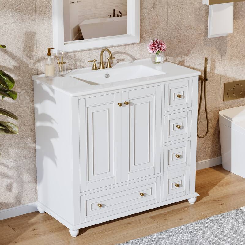 Solid Wood Modern Bathroom Vanity with Ceramic Sink, Adjustable Shelf Storage