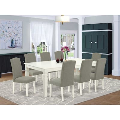 Rectangle Kitchen Table Set 9Pc - 66/84 Inch Table with 8 Chairs - Linen White Legs & Dark Shitake Fabric