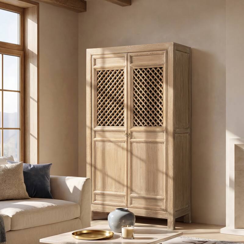 Jennifer Taylor Home Arden 83" Tall Solid Reclaimed Elm Lattice 2-Door Bookcase Storage Cabinet