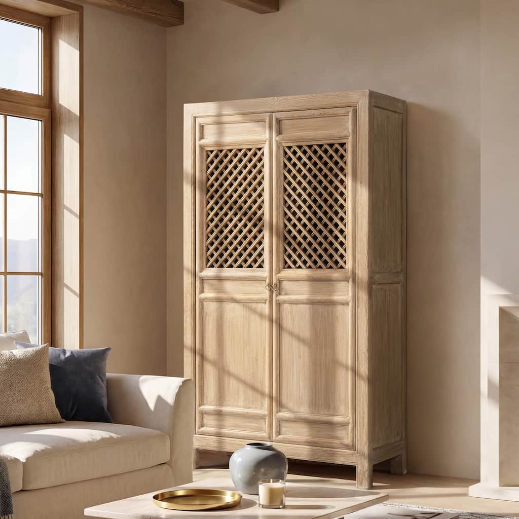 Jennifer Taylor Home Arden 83" Tall Solid Reclaimed Elm Lattice 2-Door Bookcase Storage Cabinet