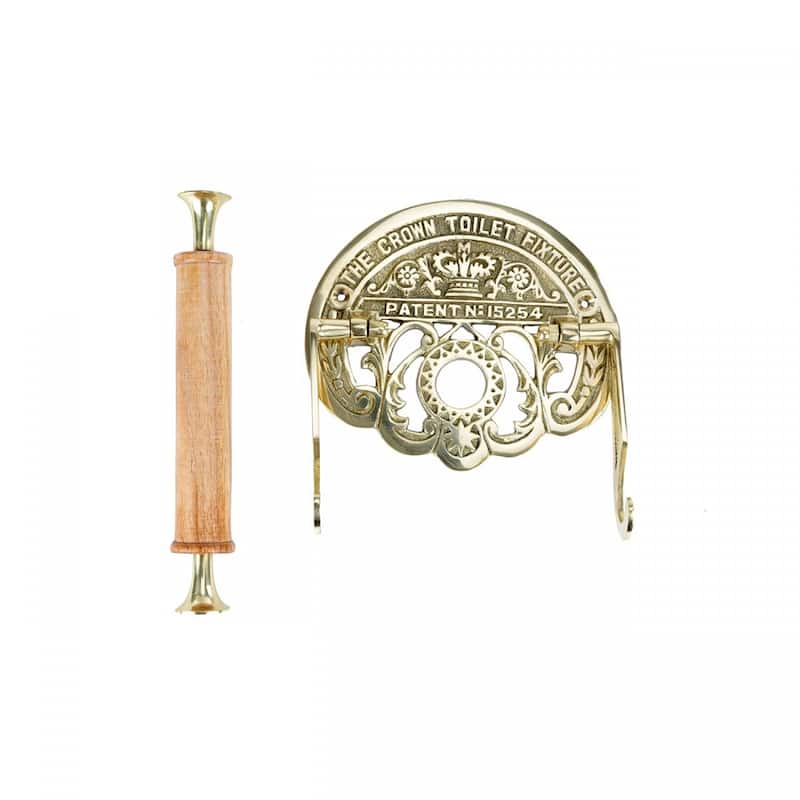 Toilet Paper Holder Wall Mount Brass 7.25" Vintage Crown Style with Wooden Roll