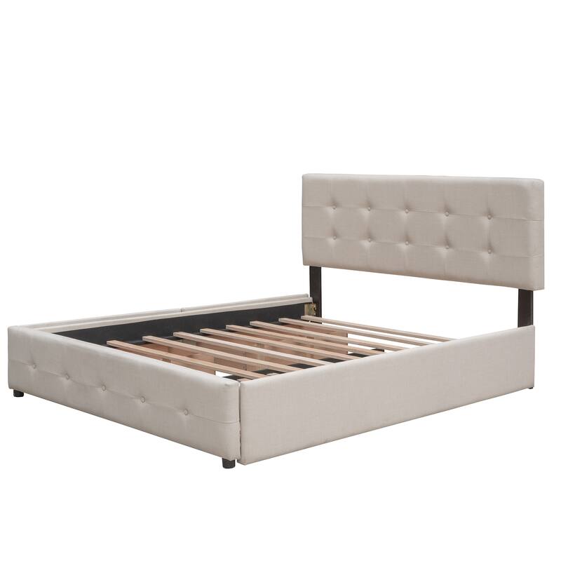 Upholstered Platform Bed with 2 Drawers and Twin XL Trundle, Linen Fabric, Queen Size