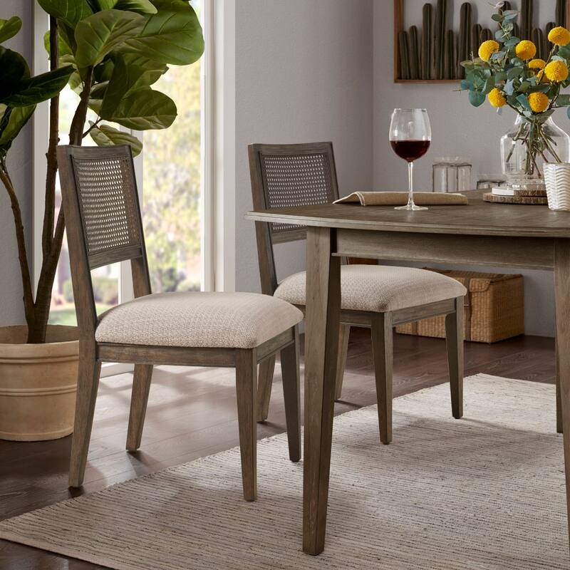 Cane Inset Back Fabric Upholstered Dining Chairs Side Chairs Set of 2 - Brown