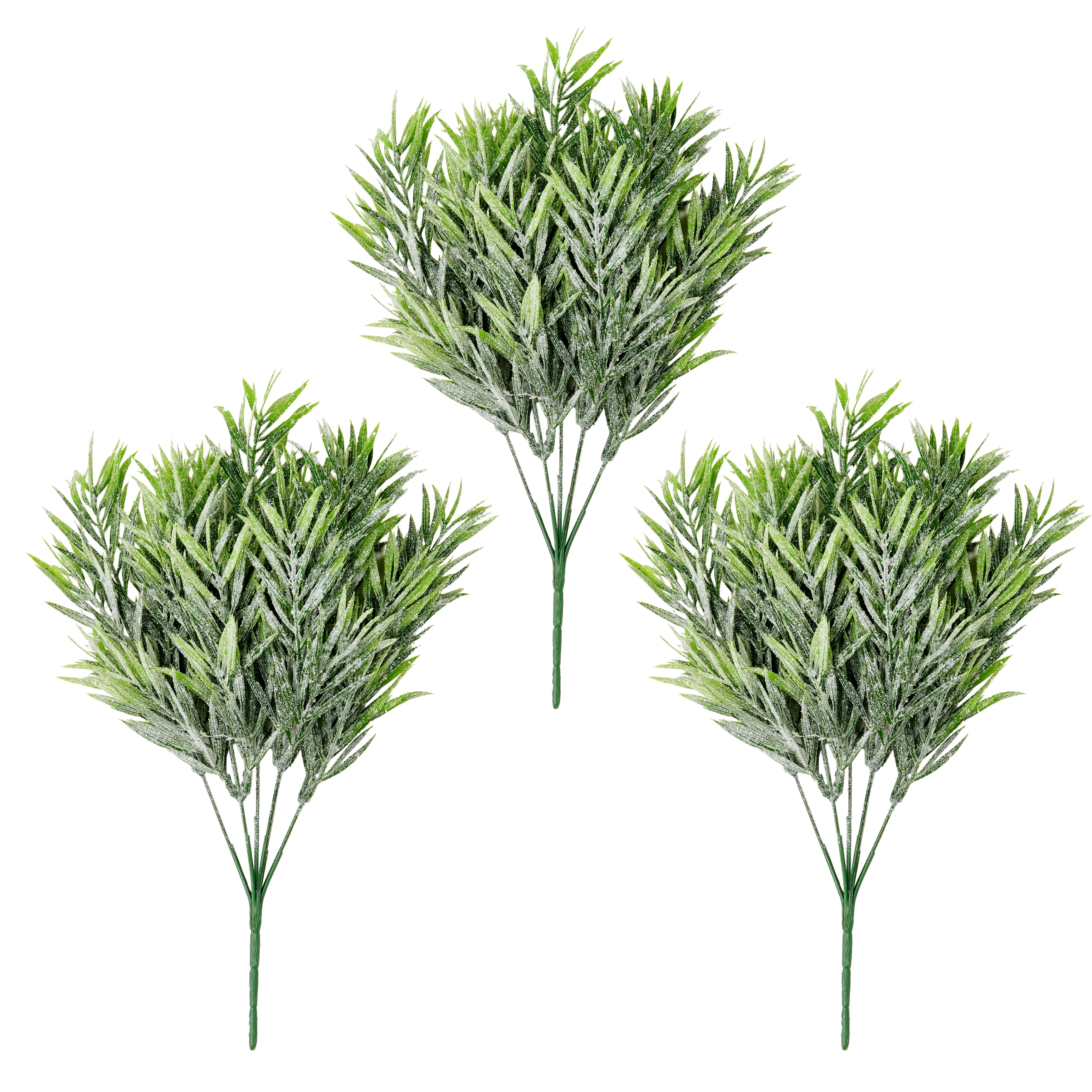 14" Glittered Green Leaves Bush, Set of 3