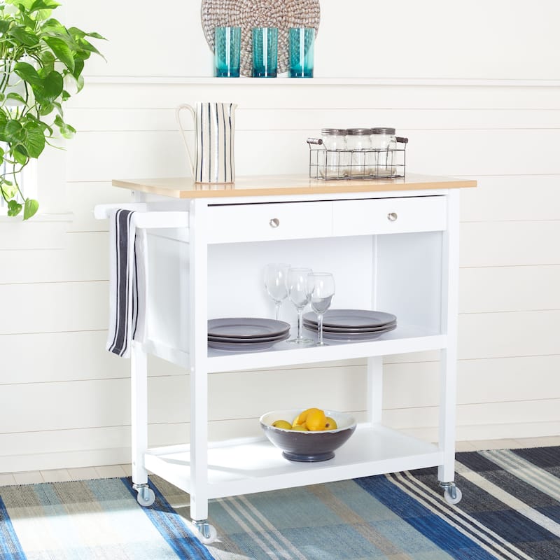 SAFAVIEH Daley 1-Drawer 2-Shelf Kitchen Bar Cart with Wheels - 39" W x 17.7" L x 36.2" H - Natural/White