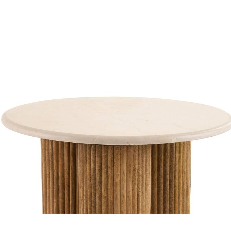 Cid Den End Table, Brown Wood, Round Botticino Marble Top, 20 Inch